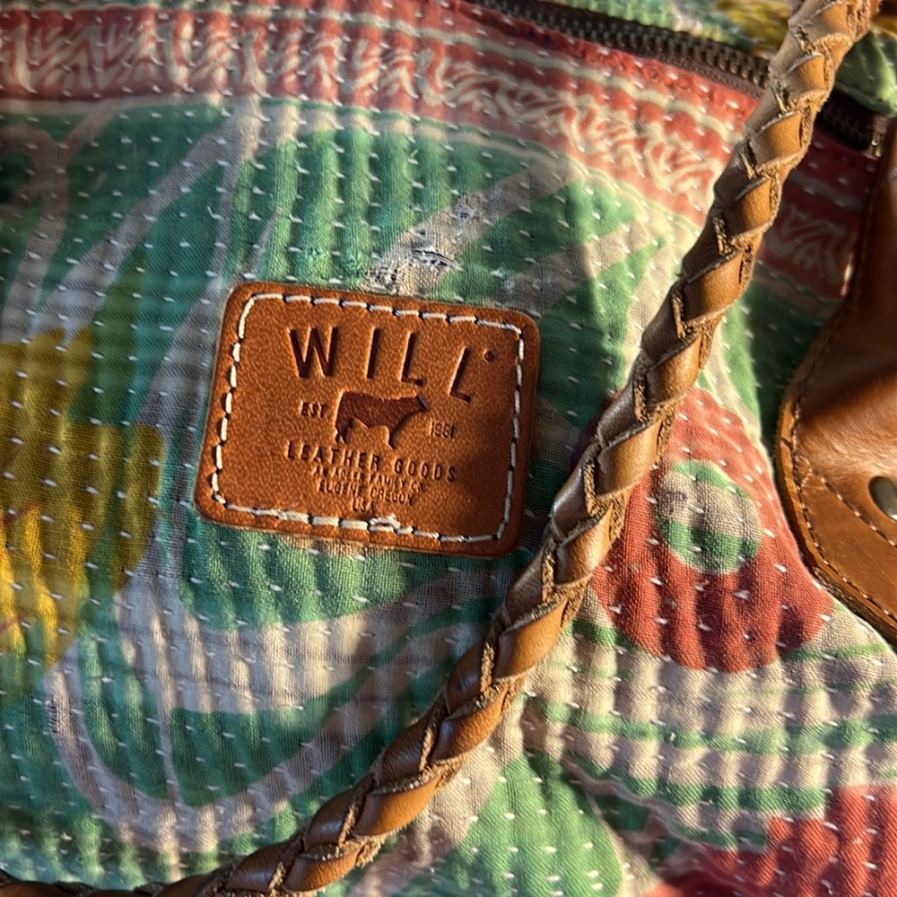 Will Leather Goods Kantha Stitched Yoga Duffle Leather Weaved Handles Bag - Picture 3 of 14